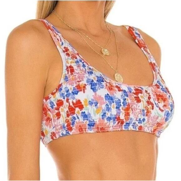 L*SPACE Izzie Smocked Bikini Top in Bright Floral Print Size Large - Picture 1 of 9